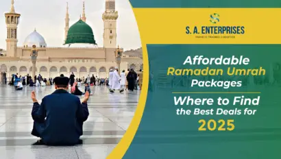 Muslim pilgrim praying at the Prophet’s Mosque in Madinah with overlay text promoting affordable Ramadan Umrah packages 2025 by SA Enterprises