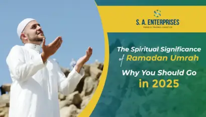 Muslim man praying on rocky terrain during holy pilgrimage, promoting Ramadan Umrah 2025 with SA Enterprises – A spiritual journey like no other.