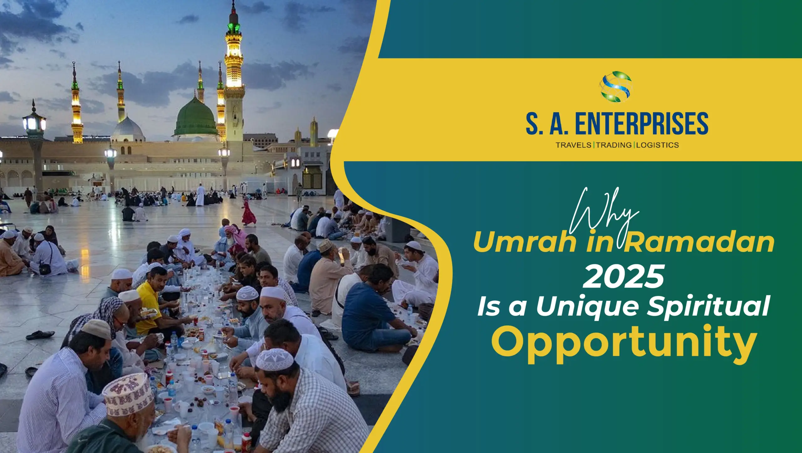 Muslim pilgrims breaking their fast at Masjid an-Nabawi during Umrah in Ramadan 2025, highlighting the spiritual essence and community experience promoted by SA Enterprises.