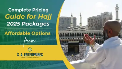 A pilgrim raising hands in prayer overlooking the Kaaba in Makkah, promoting the complete pricing guide for Hajj 2025 packages price by SA Enterprises.