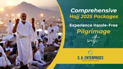 Pilgrims praying during Hajj with scenic mountain backdrop, promoting comprehensive Hajj 2025 packages by S.A. Enterprises for a hassle-free spiritual journey