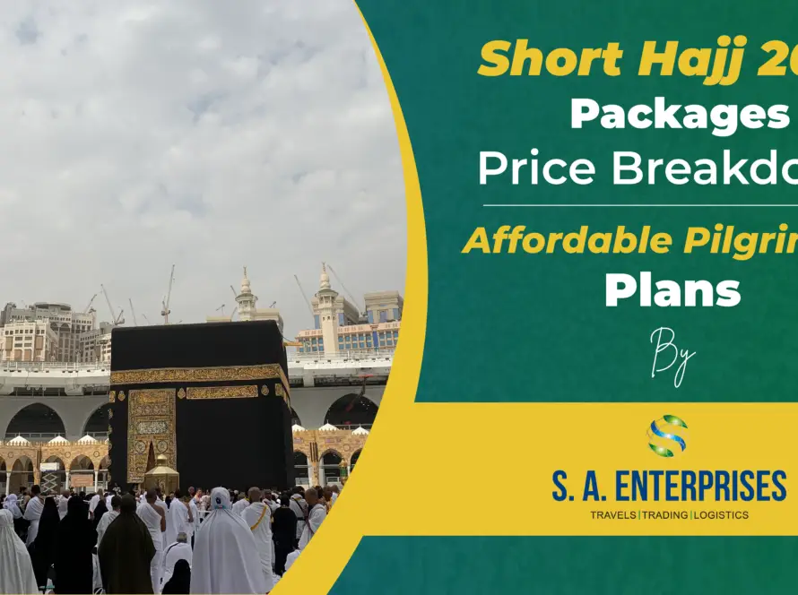Pilgrims gathered near the Kaaba with cloudy skies above, illustrating the short Hajj 2025 packages price breakdown offered by SA Enterprises.