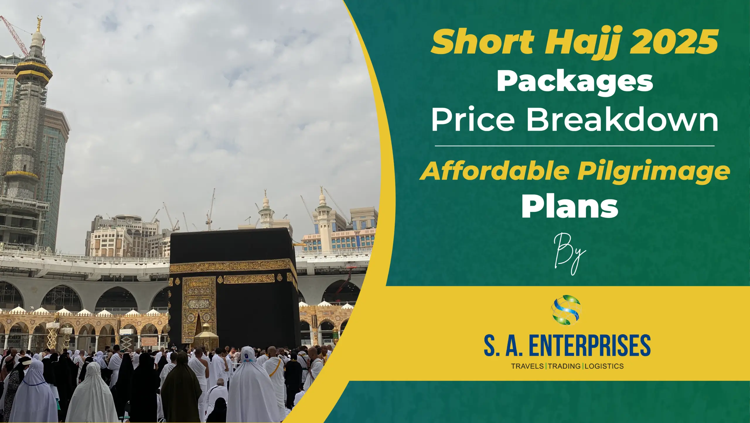 Pilgrims gathered near the Kaaba with cloudy skies above, illustrating the short Hajj 2025 packages price breakdown offered by SA Enterprises.