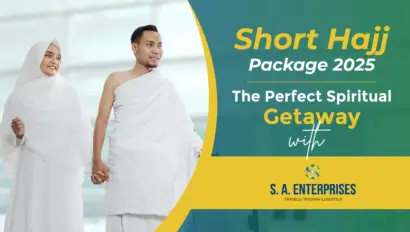 Smiling Muslim couple dressed in Ihram attire, symbolizing the comfort and ease of short Hajj packages 2025 offered by SA Enterprises for a spiritually enriching journey.