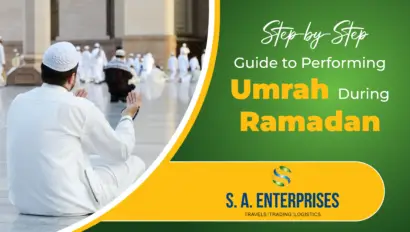 Muslim man praying in Masjid courtyard during ramadan umrah, promoting SA Enterprises' step-by-step guide for Umrah in Ramadan 2025.