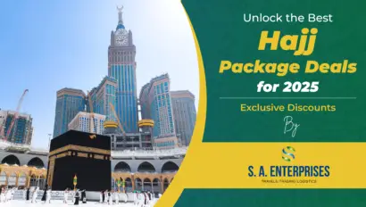 Kaaba image showcasing pilgrims during Hajj with Abraj Al Bait Clock Tower in the background, promoting the best Hajj package deals for 2025 by SA Enterprises.
