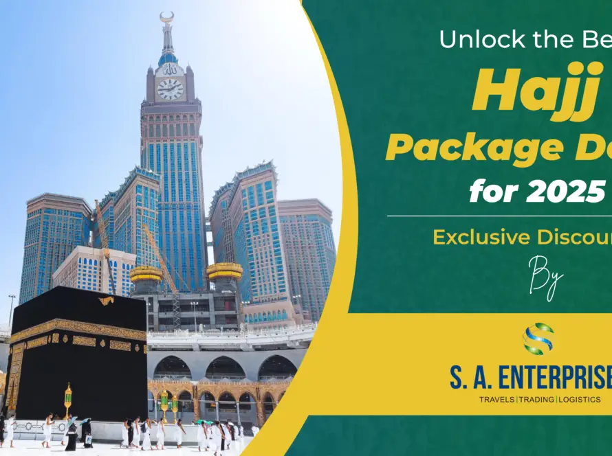 Kaaba image showcasing pilgrims during Hajj with Abraj Al Bait Clock Tower in the background, promoting the best Hajj package deals for 2025 by SA Enterprises.